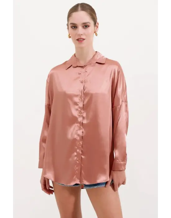 3985 Oversize Saten Gömlek - Camel