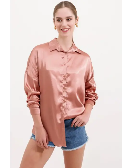 3985 Oversize Saten Gömlek - Camel