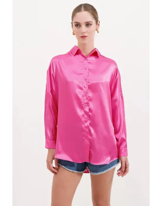 3985 Oversize Saten Gömlek - Fuşya