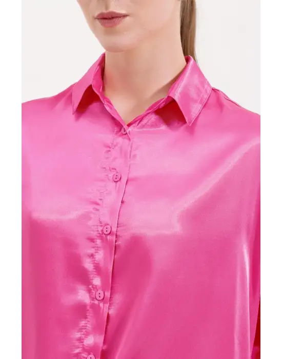 3985 Oversize Saten Gömlek - Fuşya