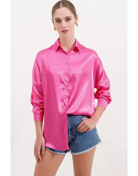 3985 Oversize Saten Gömlek - Fuşya