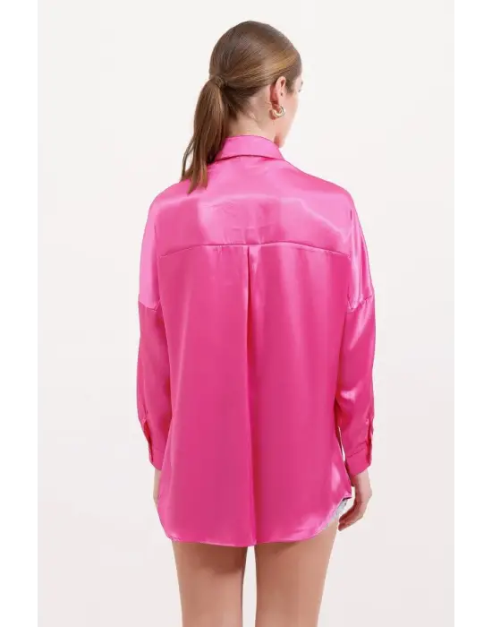 3985 Oversize Saten Gömlek - Fuşya