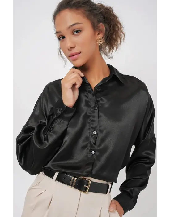 3985 Oversize Saten Gömlek - Siyah