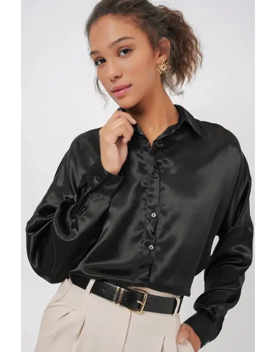 3985 Oversize Saten Gömlek - Siyah