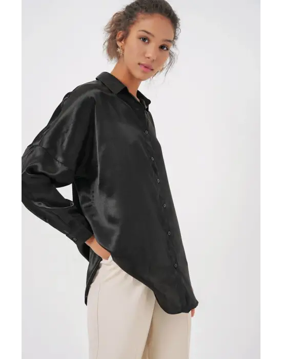 3985 Oversize Saten Gömlek - Siyah