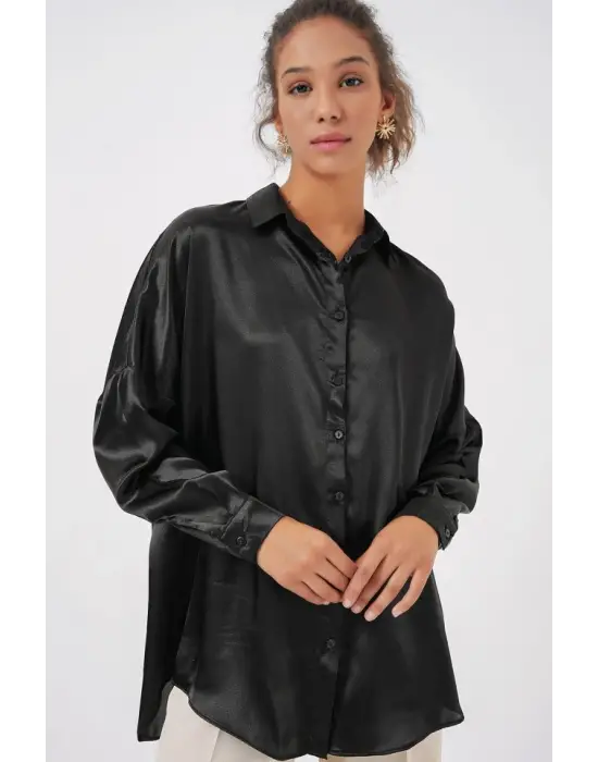 3985 Oversize Saten Gömlek - Siyah