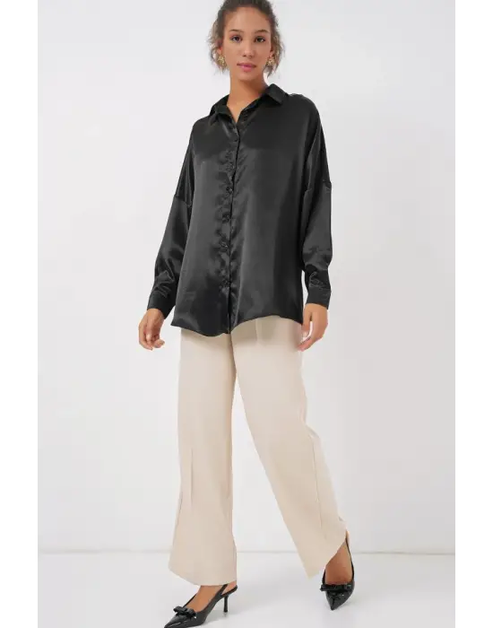 3985 Oversize Saten Gömlek - Siyah