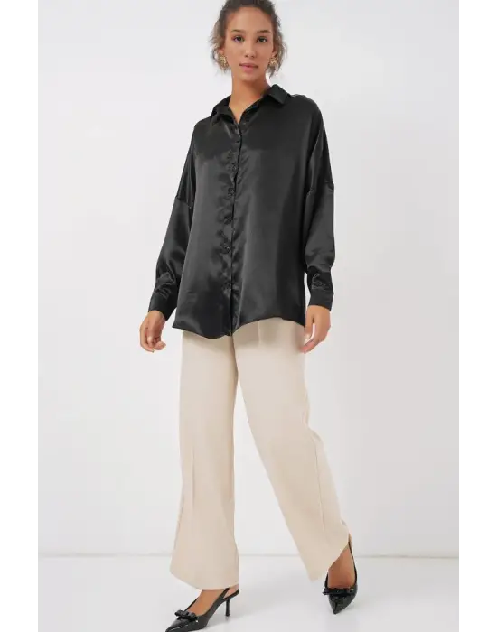 3985 Oversize Saten Gömlek - Siyah