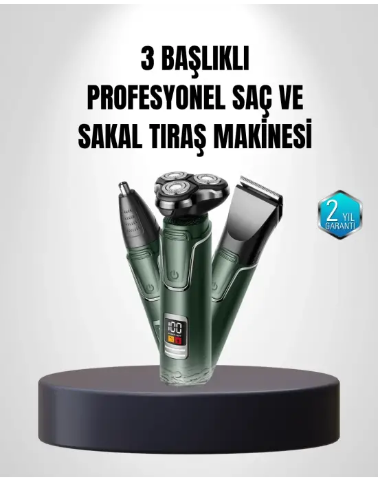 3d Akıllı Kesim Teknolojili Şarjlı Tıraş Seti – 3 Başlıklı, Paslanmaz Çelik Bıçaklı