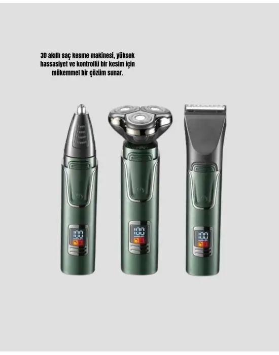 3d Akıllı Kesim Teknolojili Şarjlı Tıraş Seti – 3 Başlıklı, Paslanmaz Çelik Bıçaklı