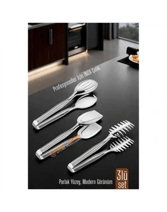 3’lü İnox Çelik Mutfak Maşa Seti - Makarna Pasta Salata Çok Amaçlı Maşa 3 lü SET