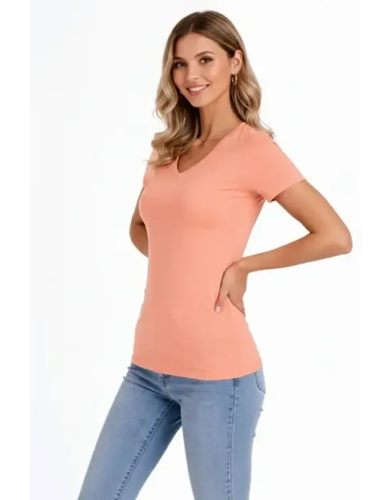 3lü V Yaka Tişört – Kısa Kollu Yazlık Slim Fit Body - Toz Pembe, Lacivert, Hardal