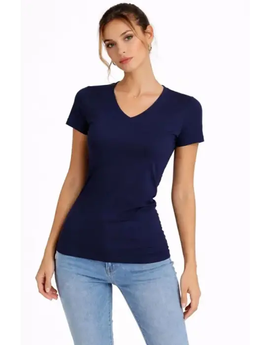 3lü V Yaka Tişört – Kısa Kollu Yazlık Slim Fit Body - Toz Pembe, Lacivert, Hardal