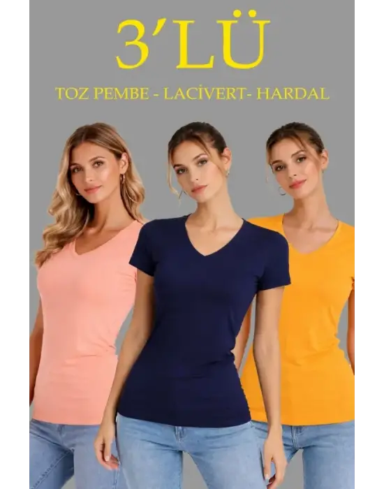 3lü V Yaka Tişört – Kısa Kollu Yazlık Slim Fit Body - Toz Pembe, Lacivert, Hardal