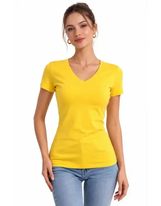 3lü V Yaka Tişört – Kısa Kollu Yazlık Slim Fit Body - Toz Pembe, Sarı, Turkuvaz