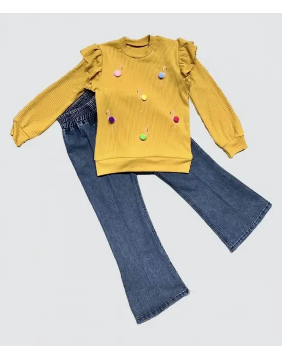 4-5-6 Yaş Kot Pantolonlu Flamingo Desenli Penye Sweat Uzun Kollu 2li Kız Çocuk Takımı Hardal