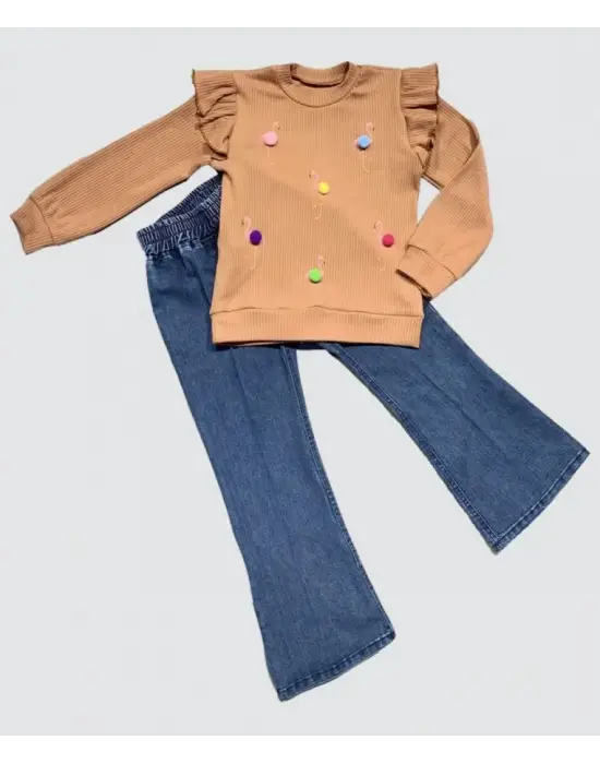 4-5-6 Yaş Kot Pantolonlu Flamingo Desenli Penye Sweat Uzun Kollu 2li Kız Çocuk Takımı Kahverengi