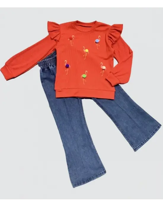 4-5-6 Yaş Kot Pantolonlu Flamingo Desenli Penye Sweat Uzun Kollu 2li Kız Çocuk Takımı Kırmızı