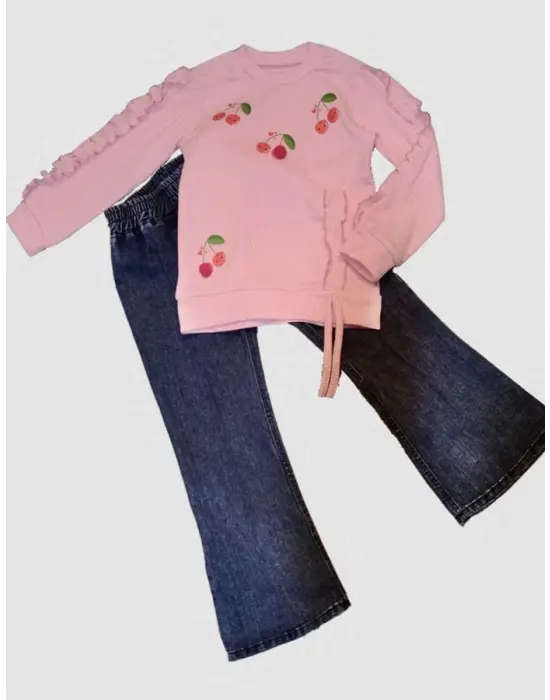 4-5-6 Yaş Kot Pantolonlu Kiraz Desenli Penye Sweat Uzun Kollu 2li Kız Çocuk Takımı Pembe