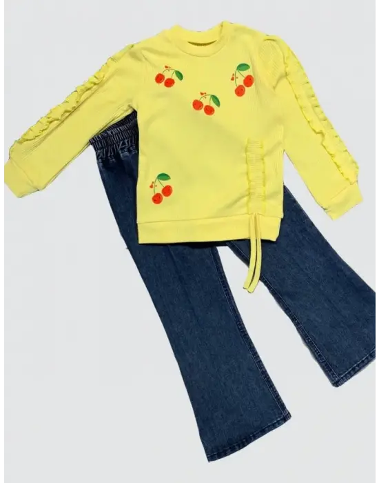 4-5-6 Yaş Kot Pantolonlu Kiraz Desenli Penye Sweat Uzun Kollu 2li Kız Çocuk Takımı Sarı