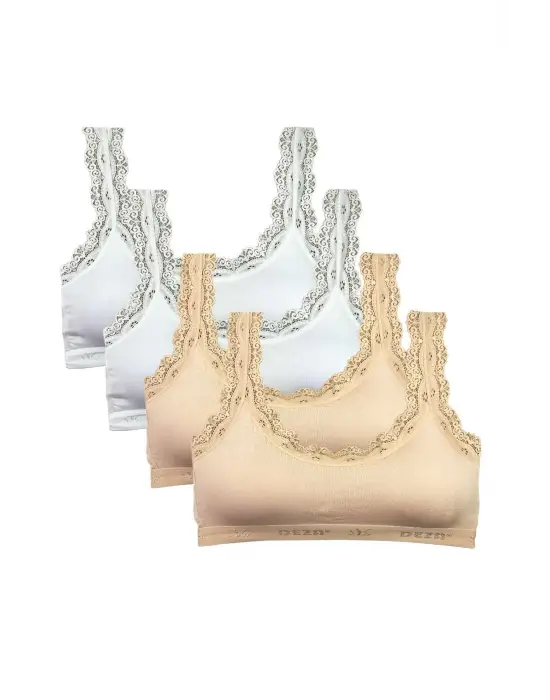 Omarı Bambu Kadın Büstiyer Dantel Nakışlı Pedli Beyaz Ten