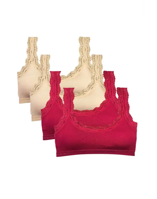 Omarı Dantel Nakış İşlemeli Bambu Kadın Büstiyeri - Ten Bordo Özel Tasarım