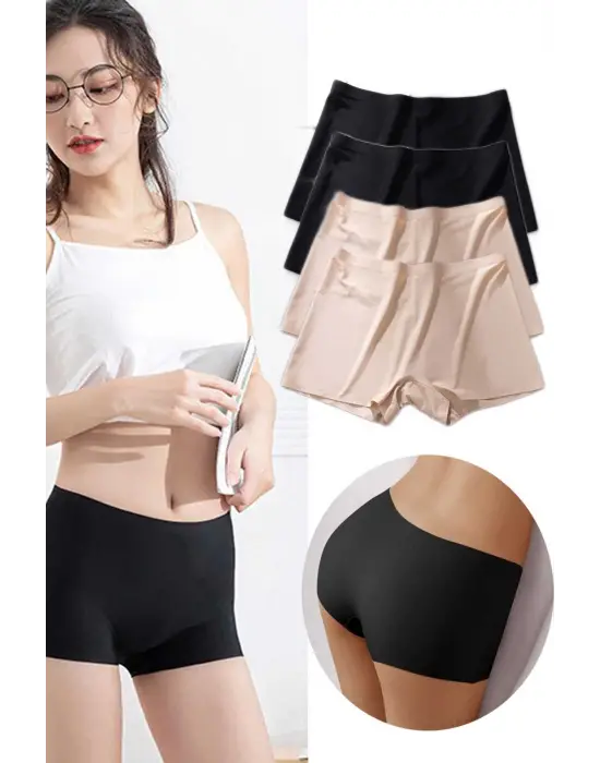 4 Adet Kadın Dikişsiz Görünmez İz Yapmaz Mini Şort Boxer Siyah Ten