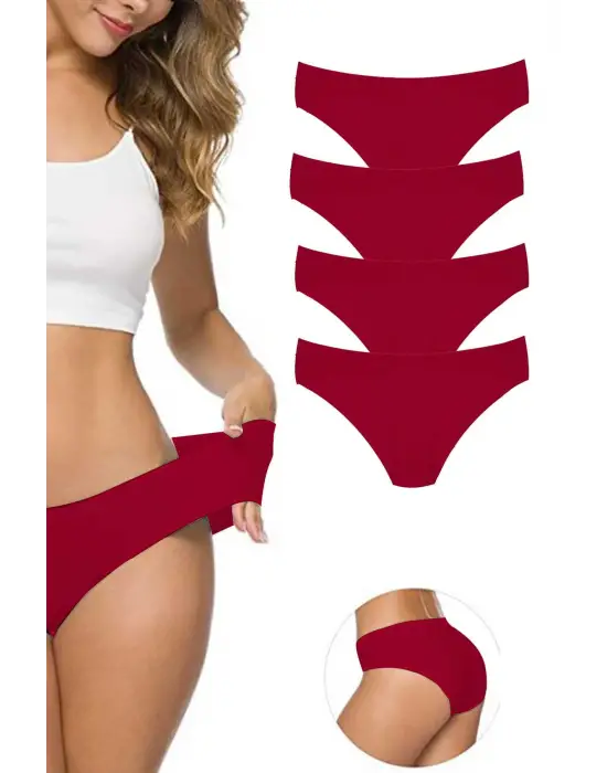 4 Adet Kadın Dikişsiz Lazer Kesim Esnek İz yapmayan Külot Bordo