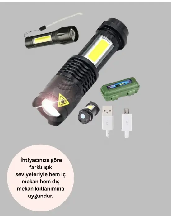 4 Modlu Usb Şarjlı Led El Feneri Kamp Ve Outdoor