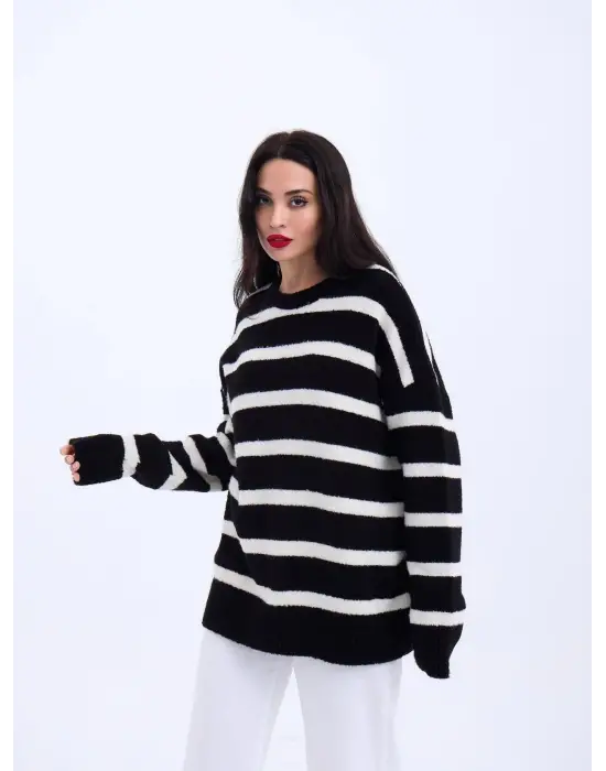 43111 TRİKO ÇİZGİLİ SALAŞ KAZAK-SİYAH-EKRU