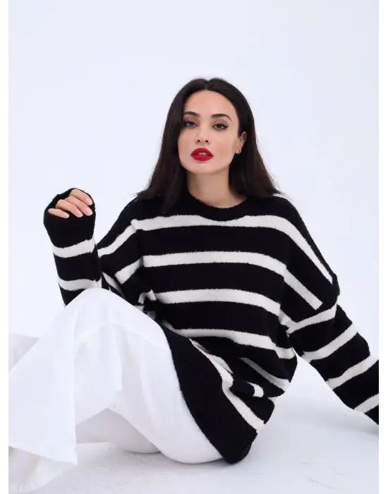 43111 TRİKO ÇİZGİLİ SALAŞ KAZAK-SİYAH-EKRU