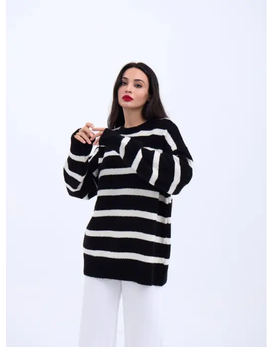 43111 TRİKO ÇİZGİLİ SALAŞ KAZAK-SİYAH-EKRU