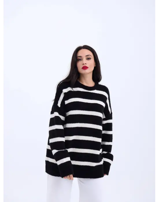 43111 TRİKO ÇİZGİLİ SALAŞ KAZAK-SİYAH-EKRU