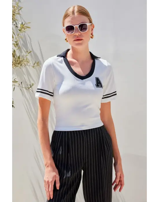 4320 Polo Yaka Basic Triko Bluz - Beyaz