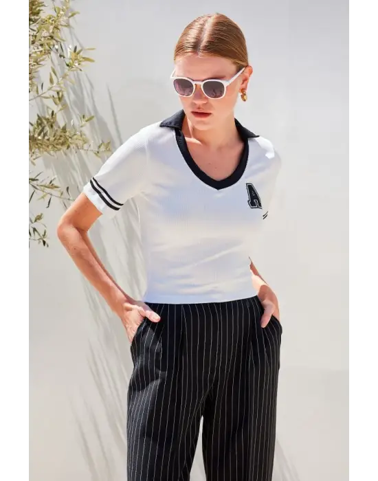 4320 Polo Yaka Basic Triko Bluz - Beyaz