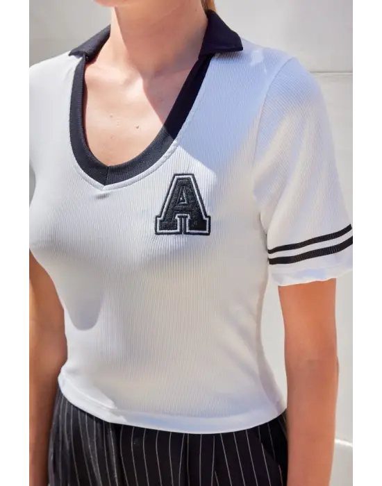 4320 Polo Yaka Basic Triko Bluz - Beyaz