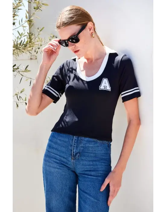 4320 Polo Yaka Basic Triko Bluz - Siyah