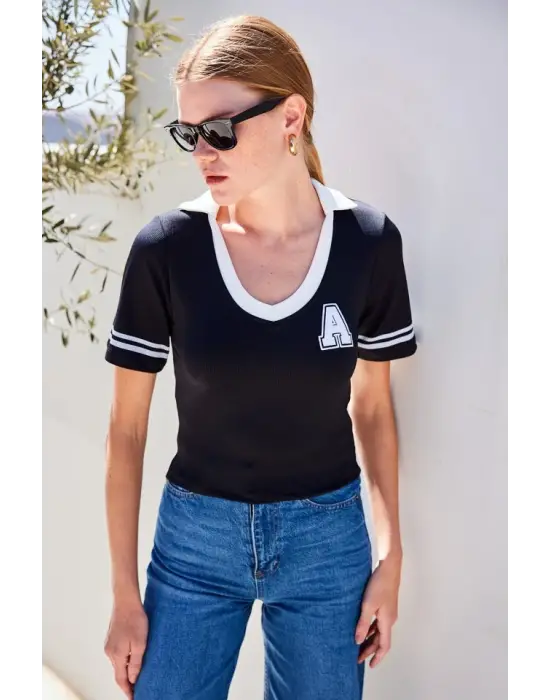 4320 Polo Yaka Basic Triko Bluz - Siyah