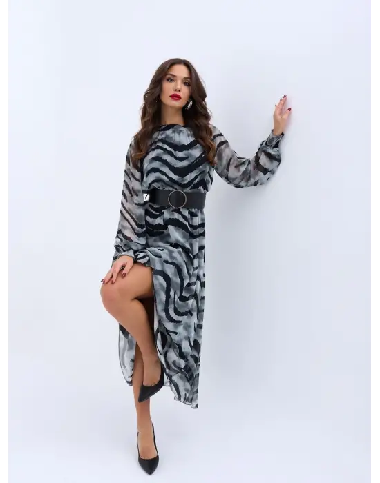 Omarı Vintage Desenli Midi Elbise