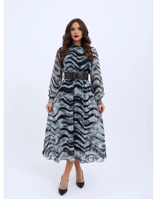 Omarı Vintage Desenli Midi Elbise