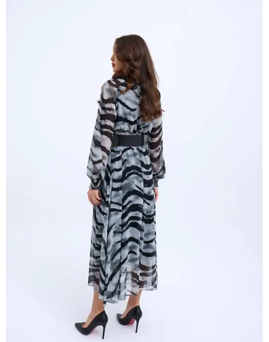 Omarı Vintage Desenli Midi Elbise