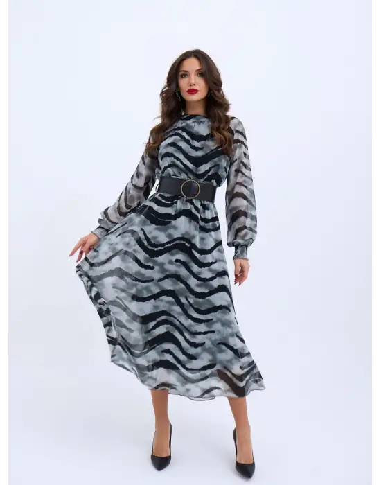 Omarı Vintage Desenli Midi Elbise