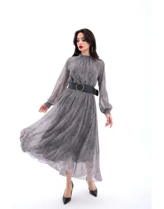 Omarı Zarif Dantel Detaylı Uzun Elbise