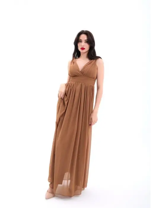 Omarı Modern Asimetrik Kesim Kahve Elbise