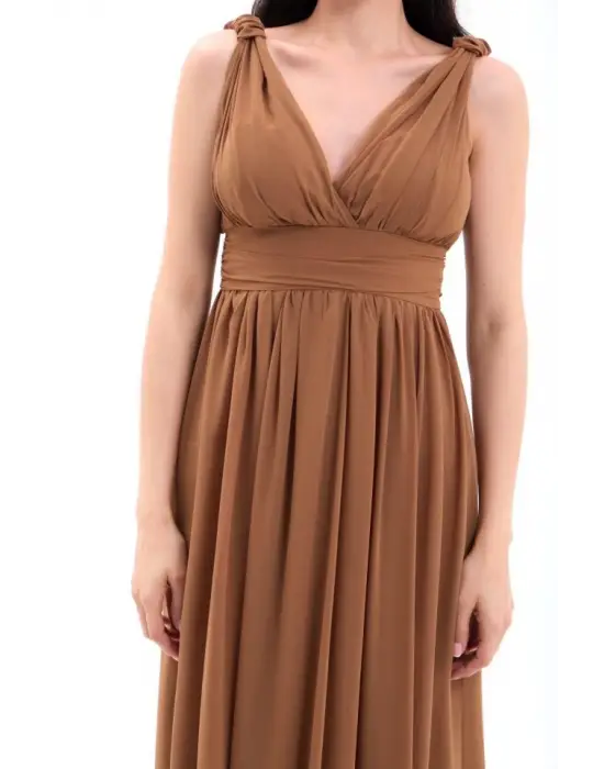 Omarı Modern Asimetrik Kesim Kahve Elbise