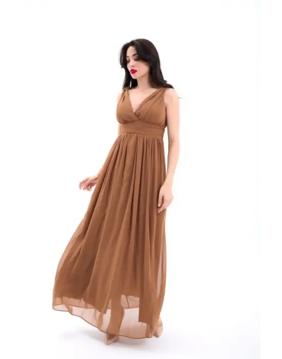 Omarı Modern Asimetrik Kesim Kahve Elbise