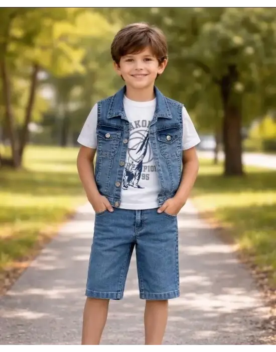 5/12 Yaş Kot(denim) Kumaş Tişörtlü Çocuk Takımı