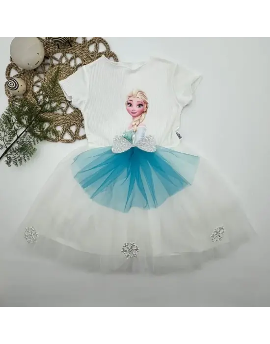 Zarif Tül Etekli Fiyonk Detaylı Kız Çocuk Elbise