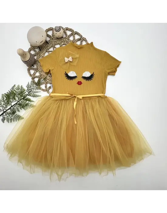 Zarif Yüz Baskılı Kız Çocuk Elbisesi