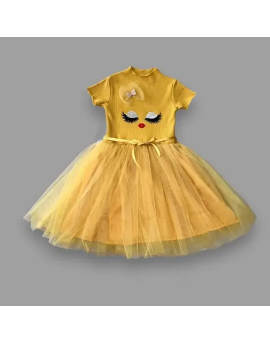 Zarif Yüz Baskılı Kız Çocuk Elbisesi